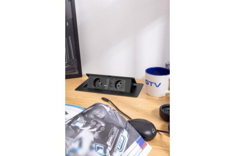 MULTISOFT Meubelcontactdoos 2x Stopcontact met Aarding, USB A+C, RJ45, Stroomkabel met Stekker, Zwart