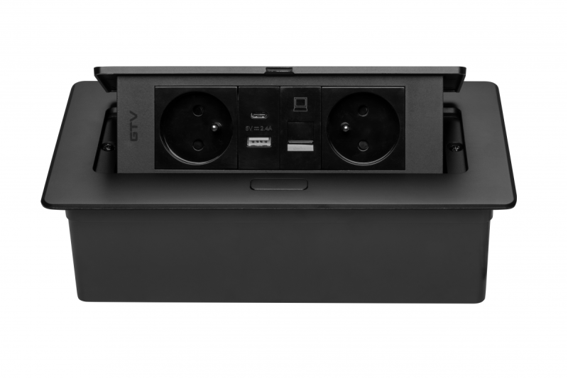 MULTISOFT Meubelcontactdoos 2x Stopcontact met Aarding, USB A+C, RJ45, Stroomkabel met Stekker, Zwart