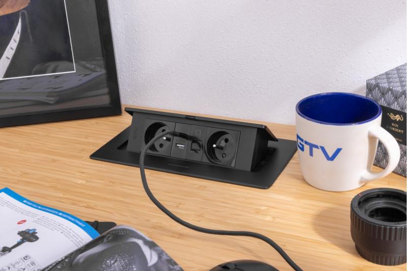 MULTISOFT Meubelcontactdoos 2x Stopcontact met Aarding, USB A+C, RJ45, Stroomkabel met Stekker, Zwart