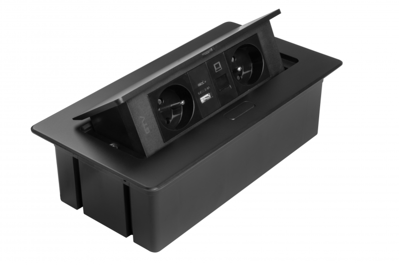 MULTISOFT Meubelcontactdoos 2x Stopcontact met Aarding, USB A+C, RJ45, Stroomkabel met Stekker, Zwart