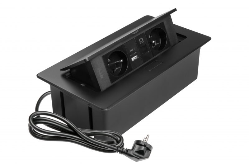 MULTISOFT Meubelcontactdoos 2x Stopcontact met Aarding, USB A+C, RJ45, Stroomkabel met Stekker, Zwart