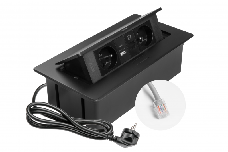 MULTISOFT Meubelcontactdoos 2x Stopcontact met Aarding, USB A+C, RJ45, Stroomkabel met Stekker, Zwart