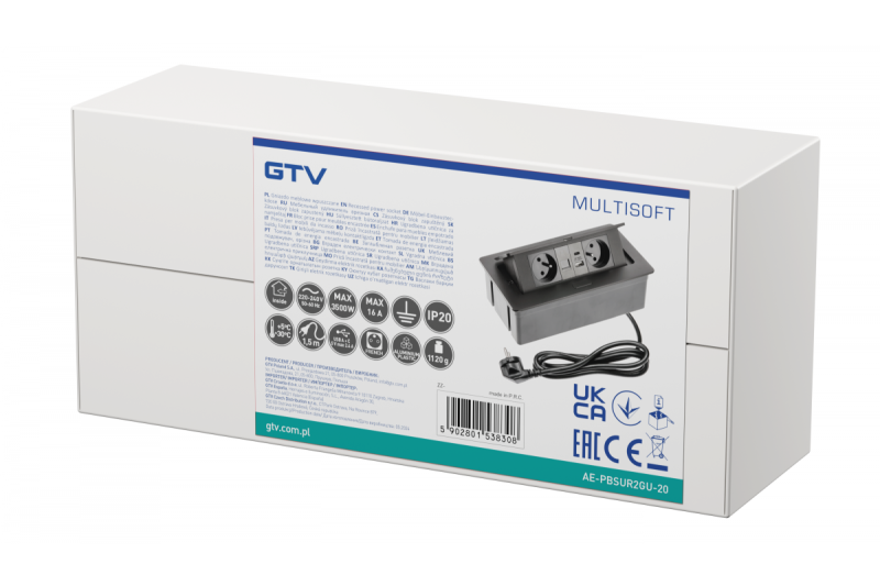 MULTISOFT Meubelcontactdoos 2x Stopcontact met Aarding, USB A+C, RJ45, Stroomkabel met Stekker, Zwart