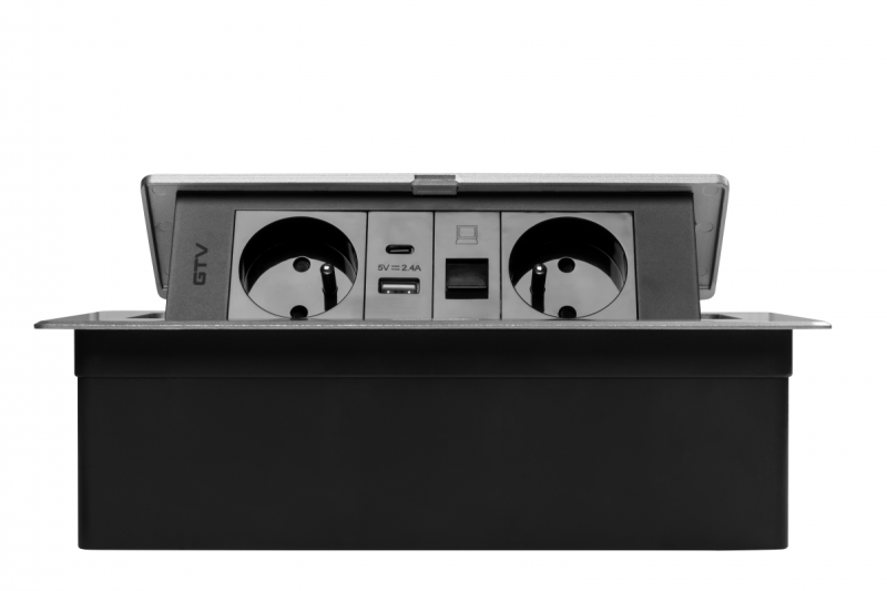 MULTISOFT Meubelcontactdoos 2x Stopcontact met Aarding, USB A+C, RJ45, Stroomkabel met Stekker, Aluminium