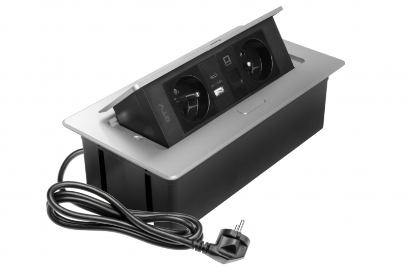 MULTISOFT Meubelcontactdoos 2x Stopcontact met Aarding, USB A+C, RJ45, Stroomkabel met Stekker, Aluminium