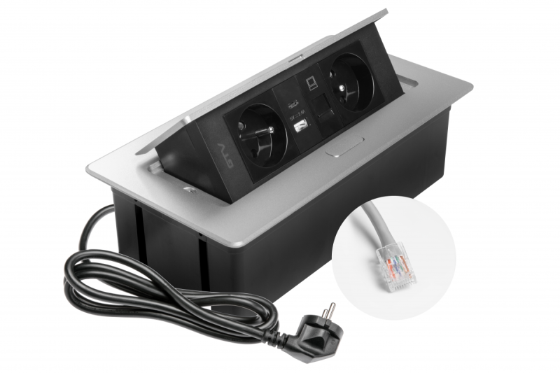 MULTISOFT Meubelcontactdoos 2x Stopcontact met Aarding, USB A+C, RJ45, Stroomkabel met Stekker, Aluminium