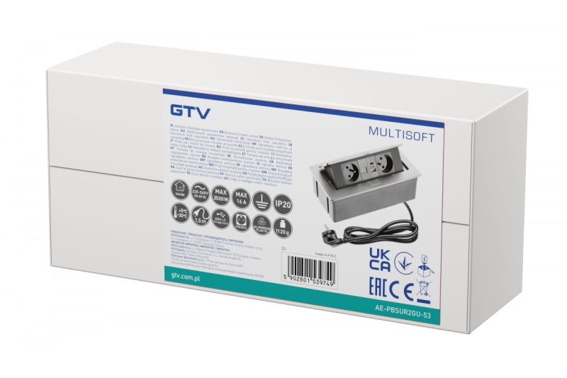 MULTISOFT Meubelcontactdoos 2x Stopcontact met Aarding, USB A+C, RJ45, Stroomkabel met Stekker, Aluminium