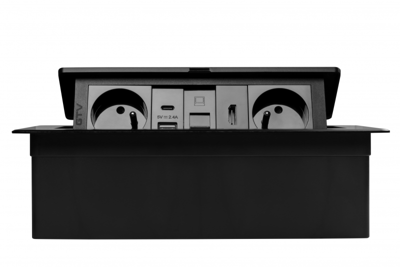 Meubelsok MULTISOFT, 2xSHUKO, USB A+C, RJ45, HDMI-kabel 1,5 m, zwart