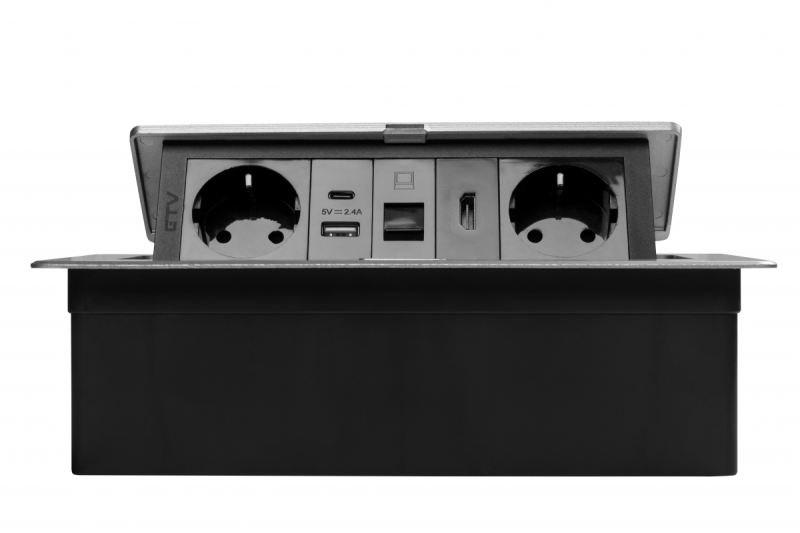 Meubelaansluiting MULTISOFT, 2xSHUKO, USB A+C, RJ45, HDMI-kabel 1,5 m, aluminium