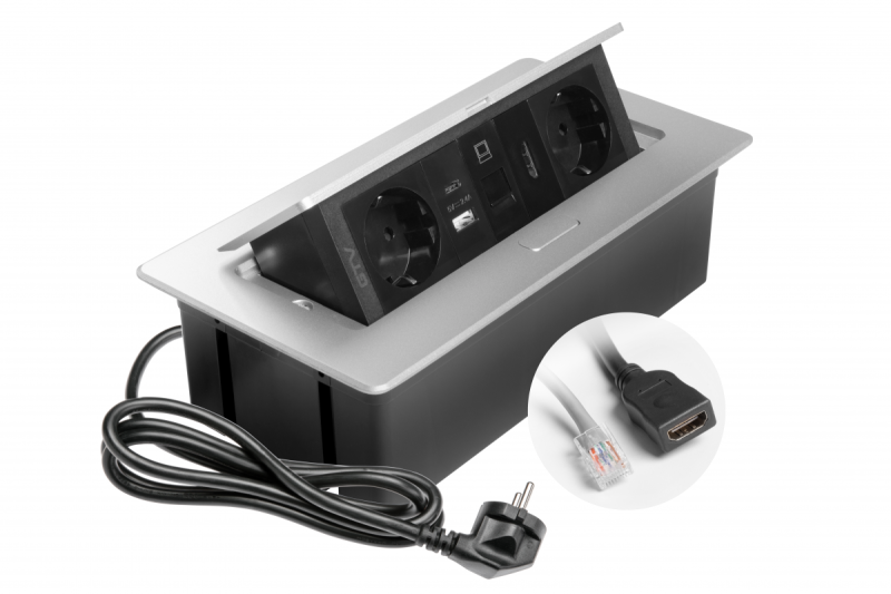 Meubelaansluiting MULTISOFT, 2xSHUKO, USB A+C, RJ45, HDMI-kabel 1,5 m, aluminium