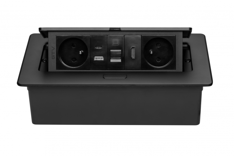 MULTISOFT meubelstopcontact 2x geaard stopcontact, USB A+C, RJ45, HDMI, voedingskabel met stekker, zwart