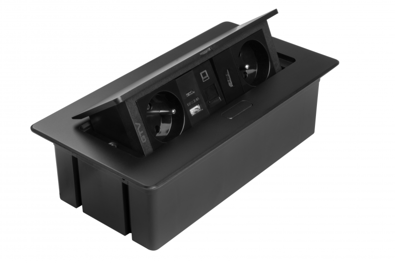 MULTISOFT meubelstopcontact 2x geaard stopcontact, USB A+C, RJ45, HDMI, voedingskabel met stekker, zwart