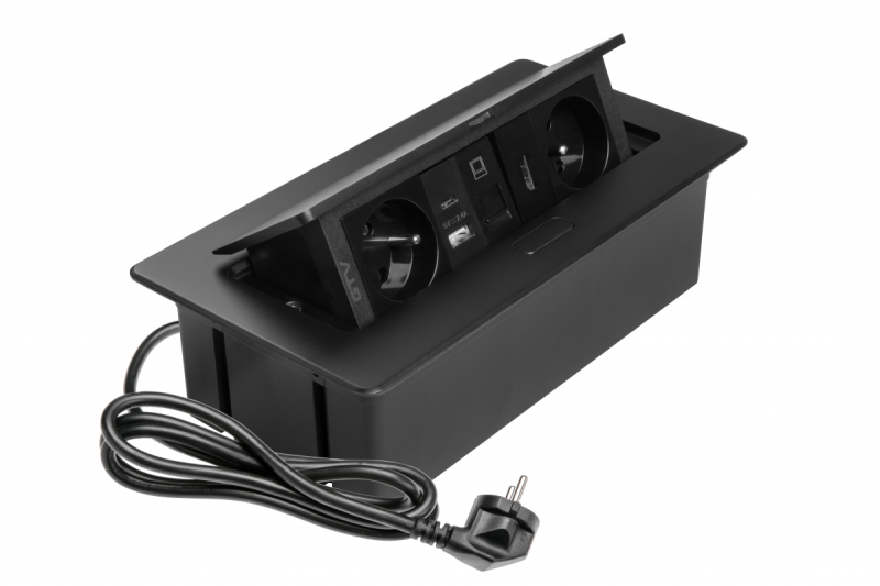 MULTISOFT meubelstopcontact 2x geaard stopcontact, USB A+C, RJ45, HDMI, voedingskabel met stekker, zwart