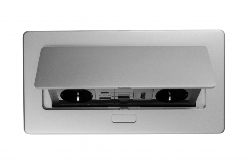 MULTISOFT meubelstopcontact 2x stopcontact met aarding, USB A+C, RJ45, HDMI, voedingskabel met stekker, aluminium