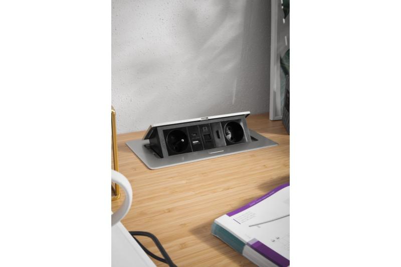 MULTISOFT meubelstopcontact 2x stopcontact met aarding, USB A+C, RJ45, HDMI, voedingskabel met stekker, aluminium