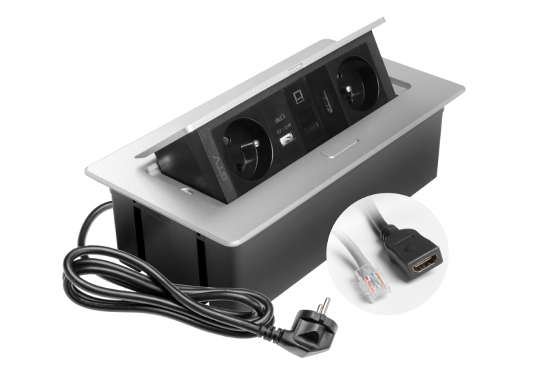 MULTISOFT meubelstopcontact 2x stopcontact met aarding, USB A+C, RJ45, HDMI, voedingskabel met stekker, aluminium