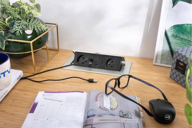 MULTISOFT meubelstopcontact 2x stopcontact met aarding, USB A+C, RJ45, HDMI, voedingskabel met stekker, aluminium