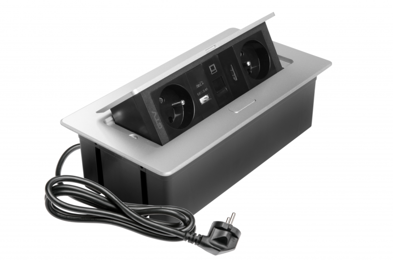 MULTISOFT meubelstopcontact 2x stopcontact met aarding, USB A+C, RJ45, HDMI, voedingskabel met stekker, aluminium