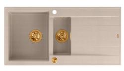 Quadri Luton beige granieten opbouw 1,5 spoelbak met afdruipvlak omkeerbaar 100x50cm met koperen plug 1208971792