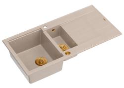 Quadri Luton beige granieten opbouw 1,5 spoelbak met afdruipvlak omkeerbaar 100x50cm met koperen plug 1208971792