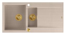 Quadri Luton beige granieten opbouw 1,5 spoelbak met afdruipvlak omkeerbaar 100x50cm met gouden plug 1208971793