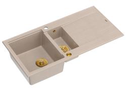 Quadri Luton beige granieten opbouw 1,5 spoelbak met afdruipvlak omkeerbaar 100x50cm met gouden plug 1208971793