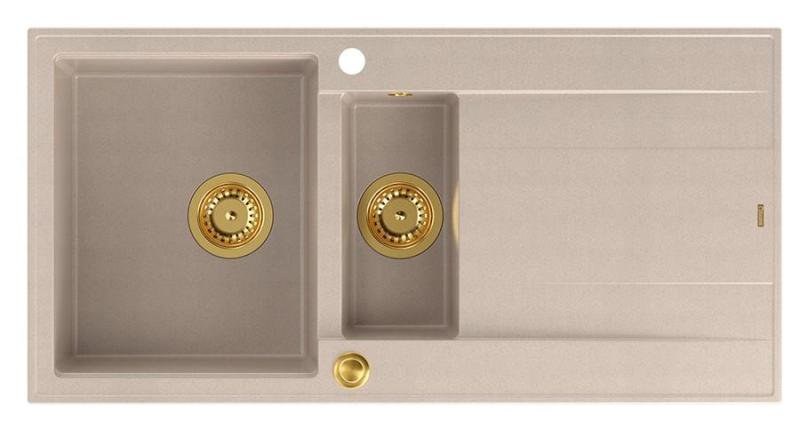 Quadri Luton pearl beige granieten opbouw 1,5 spoelbak met afdruipvlak omkeerbaar 100x50cm met gouden plug 1208971793