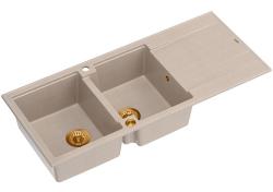 Quadri Luton opbouw dubbele graniet spoelbak pearl beige met afdruipgedeelte 116x50 cm met koperen plug 1208971801