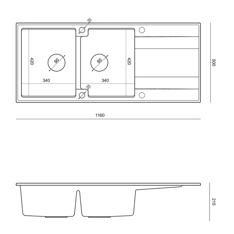 Quadri Luton opbouw dubbele graniet spoelbak pearl beige met afdruipgedeelte 116x50 cm met koperen plug 1208971801