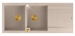 Quadri Luton opbouw dubbele graniet spoelbak pearl beige met afdruipgedeelte 116x50 cm met gouden plug 1208971809