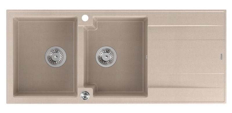 Quadri Luton opbouw dubbele graniet spoelbak pearl beige met afdruipgedeelte 116x50 cm met RVS plug 1208971812