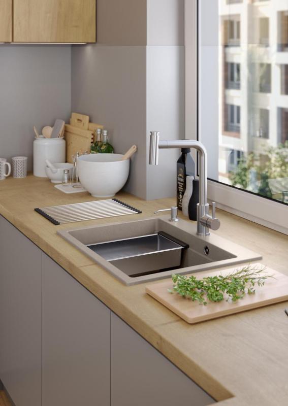 Quadri Durham Pearl Beige graniet opbouw spoelbak 595x500 met zeepdispenser, snijplank,inzetbak en rolmat 1208971814