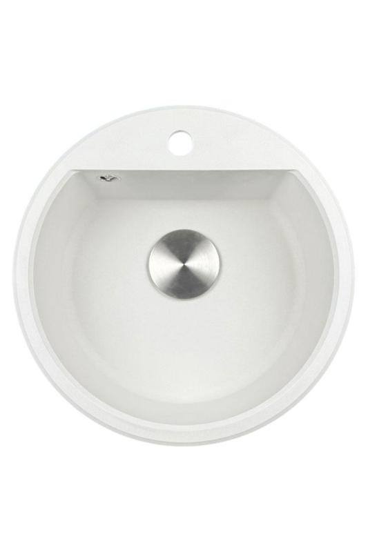 GraniteMy Bremen ronde granieten spoelbak 43 cm wit, opbouw en onderbouw, met kraangatbank en automatische rvs plug 1208971845