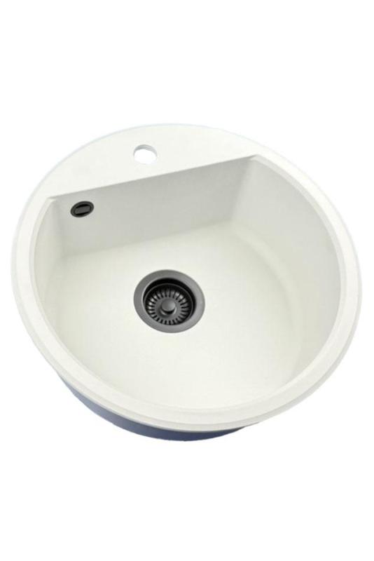 GraniteMy Bremen ronde granieten spoelbak 43 cm wit, opbouw en onderbouw, met kraangatbank en automatische zwarte plug 1208971846