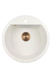 GraniteMy Bremen ronde granieten spoelbak 43 cm wit, opbouw en onderbouw, met kraangatbank en automatische koperen plug 1208971847