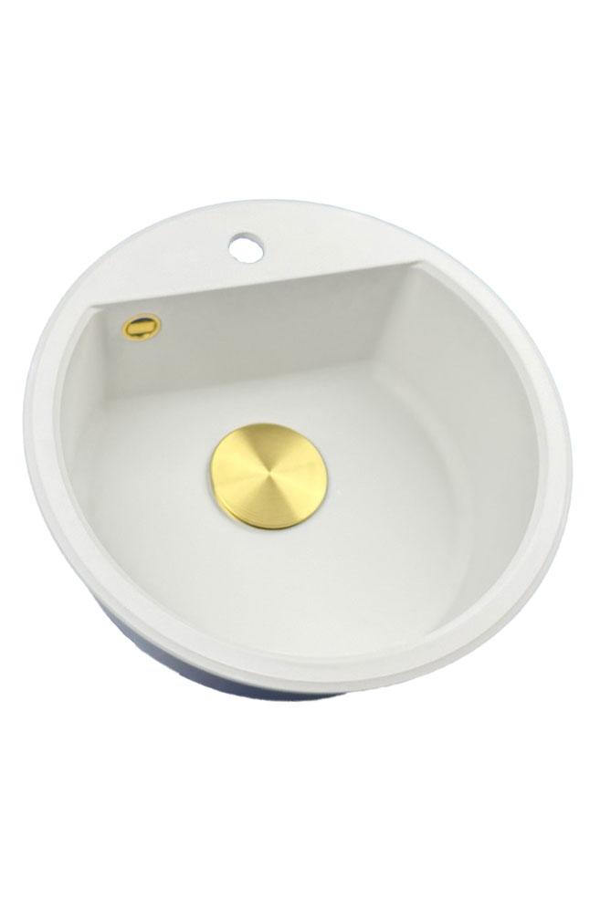 GraniteMy Bremen ronde granieten spoelbak 43 cm wit, opbouw en onderbouw, met kraangatbank en automatische gouden plug 1208971848