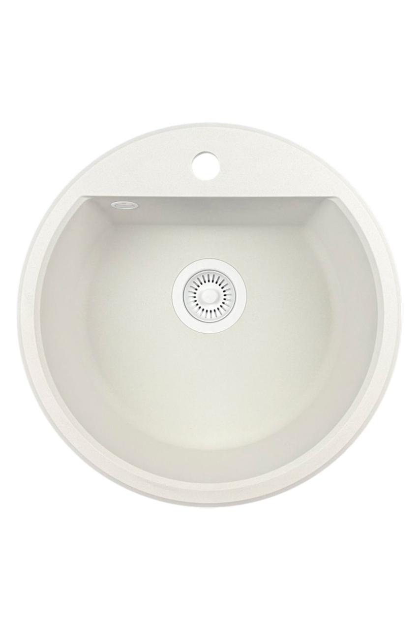 GraniteMy Bremen ronde granieten spoelbak 43 cm wit, opbouw en onderbouw, met kraangatbank en automatische wit plug 1208971850