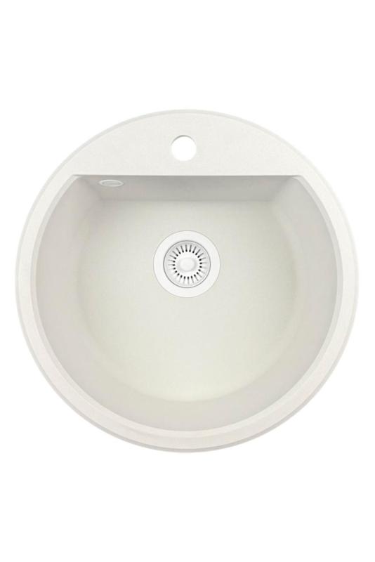 GraniteMy Bremen ronde granieten spoelbak 43 cm wit, opbouw en onderbouw, met kraangatbank en automatische wit plug 1208971850