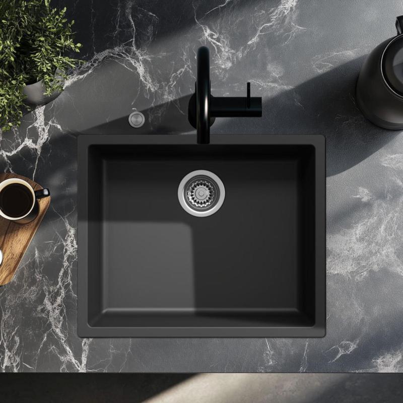 Ausmann Fibre zwarte spoelbak 50x40cm onderbouw, opbouw en vlakbouw met automatische rvs plug 1208971855