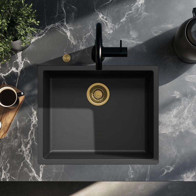 Ausmann Fibre zwarte spoelbak 50x40cm onderbouw, opbouw en vlakbouw met automatische gouden plug 1208971859