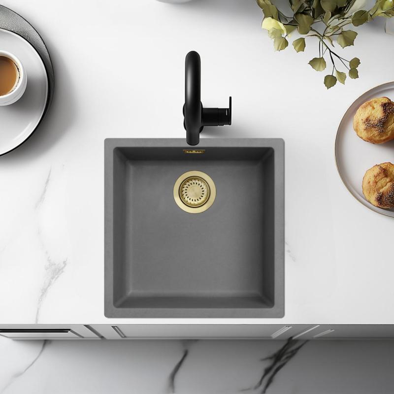 Ausmann Fibre beton grijze spoelbak 40x40cm onderbouw, opbouw en vlakinbouw met gouden plug 1208971881