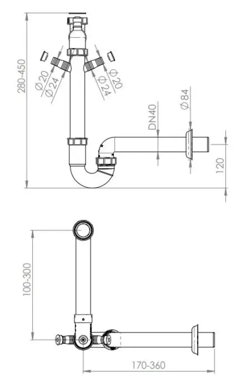 Pure.Sink Universal Siphon ruimte besparende spoelbak sifon voor in de keuken met 2 vaatwasser aansluitingen WSTSSI-32