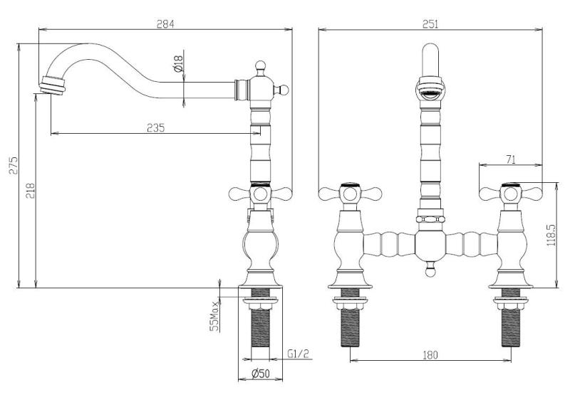 Aquanello Heritage Ascot Klassieke Keuken Nostalgische Brug Keukenkraan Brons met Kruishendels BN-0011-HM