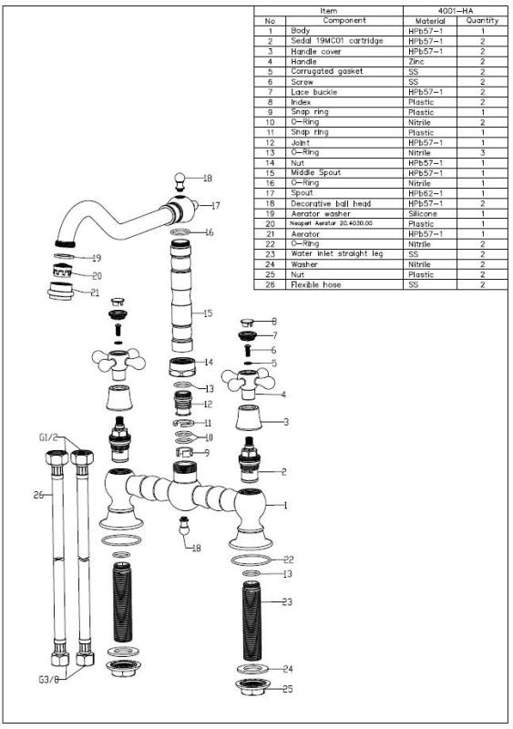 Aquanello Heritage Ascot Klassieke Keuken Nostalgische Brug Keukenkraan Zwart met Kruishendels BL-4001-HA
