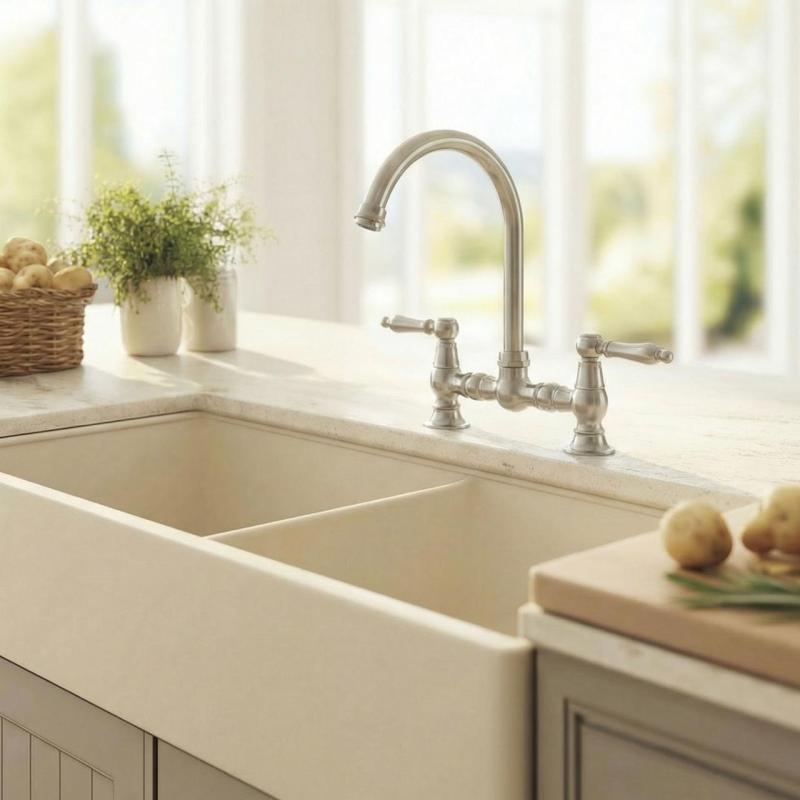 Aquanello Heritage Manor Klassieke Keuken Nostalgische Brug Keukenkraan Chroom met Witte Hendel en Ronde Uitlop CR-0011-HM