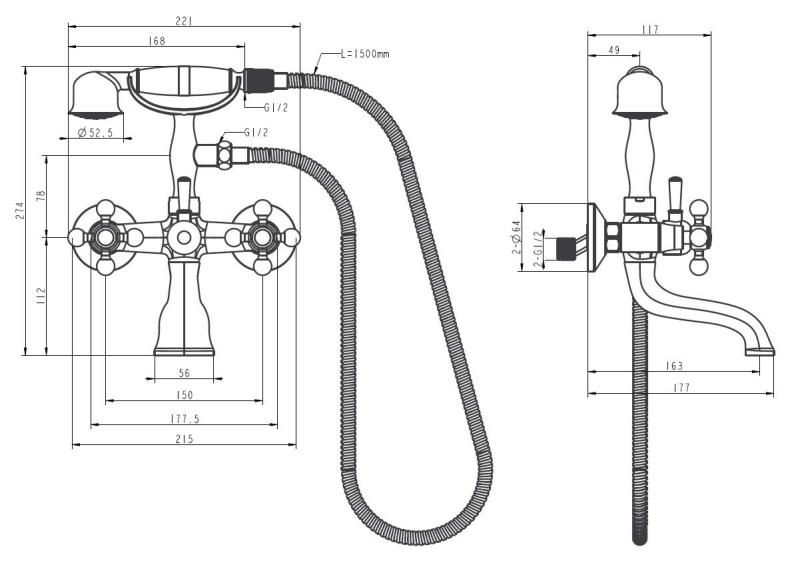 Aquanello Heritage Ascot Klassieke Opbouw Badkraan met Sterknoppen Chroom inclusief Handdouche CR-3002-HA