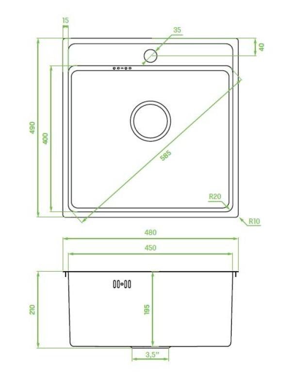 Aquadesign Plana RVS Opbouw Spoelbak 48x49 cm met Kraangatbank inclusief Sifon en Clickclack Afvoerplug 1208972559