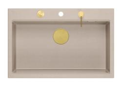 Quadri Hard Rock Beige granieten opbouw grote spoelbak 76x50cm inclusief gouden plug en accessoires 1208972701