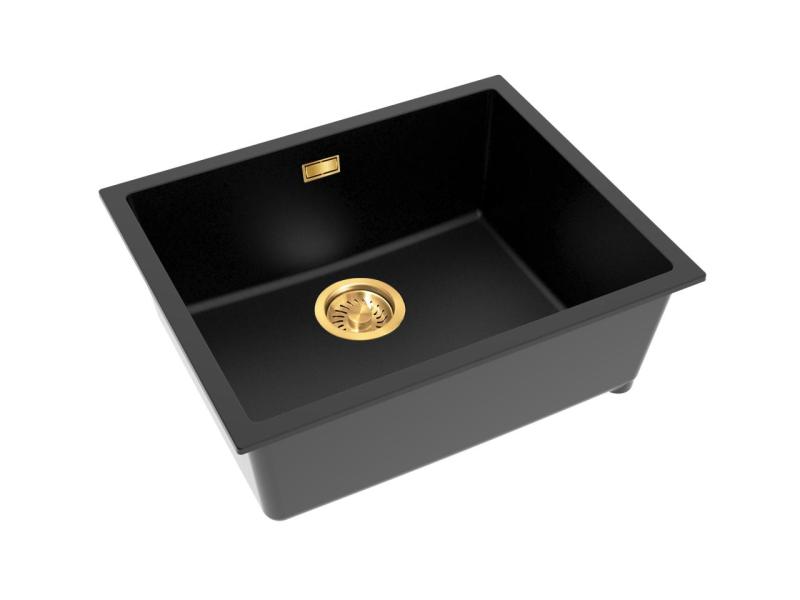 Pure.Sink Eternal Quartz Zwarte Spoelbak 50x40 cm Vlakinbouw en Onderbouw met Gouden plug
