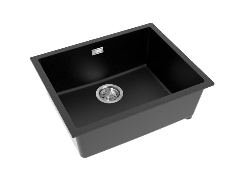 Pure.Sink Eternal Quartz Zwarte Spoelbak 50x40 cm Vlakinbouw en Onderbouw met Automatische RVS plug